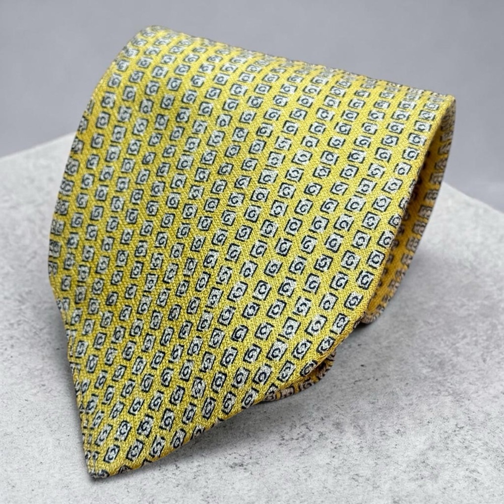 VTG Y2K Guess Silk Tie Yellow Logo Print Made USA Wide Classic Designer Neck